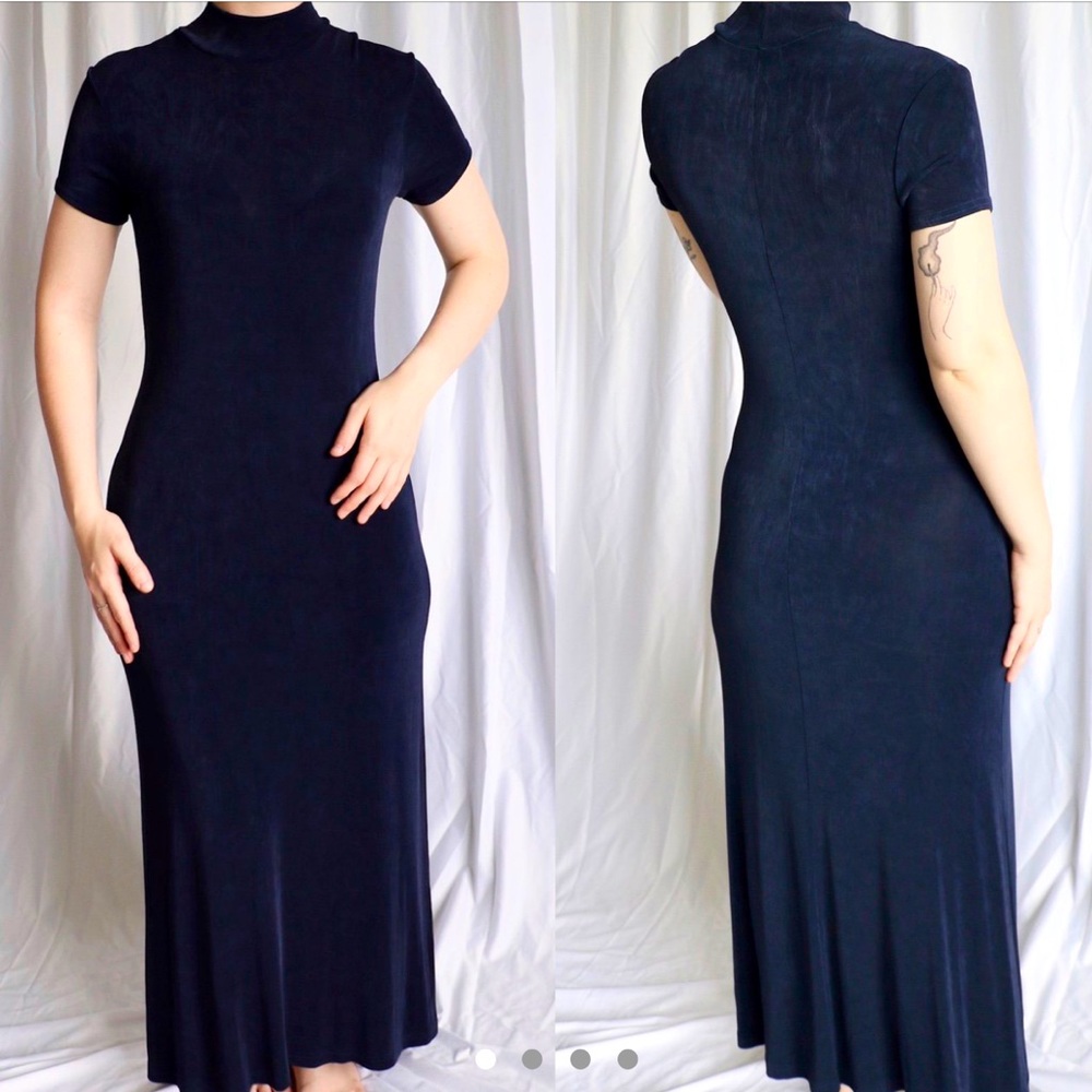 Navy Slinky Stretch Mock Neck Maxi
